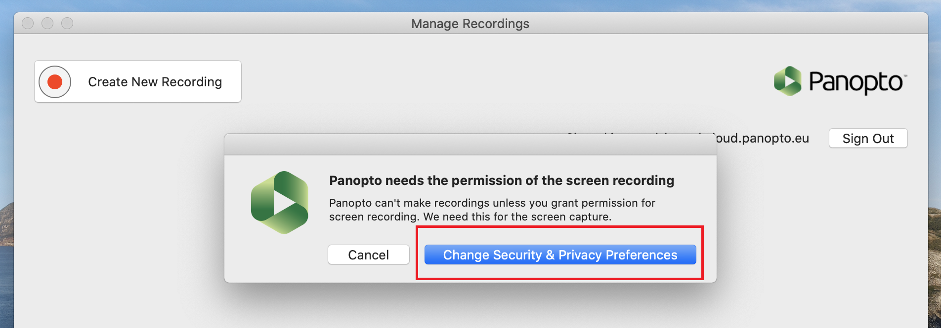 Sicherheitseinstellungen Panopto Software