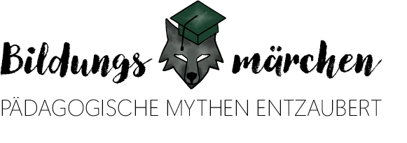 Auf dem Bild sieht man das Logo (Wolf) und den Titel der Podcastreihe (Bildungsmärchen - Pädagogische Mythen entzaubert)